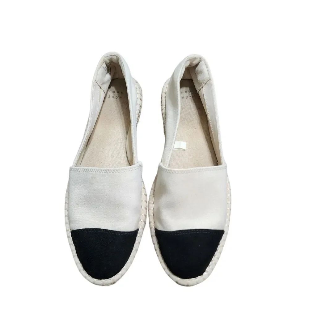 a new day Slip On Shoes 9 Cream Canvas Black Faux Suede Almond Toe Espadrilles